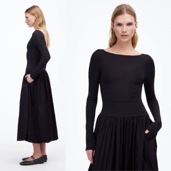 Madewell Long Sleeve Bubble-Hem Midi Dress NWT in Black 14 - Picture 2 of 12